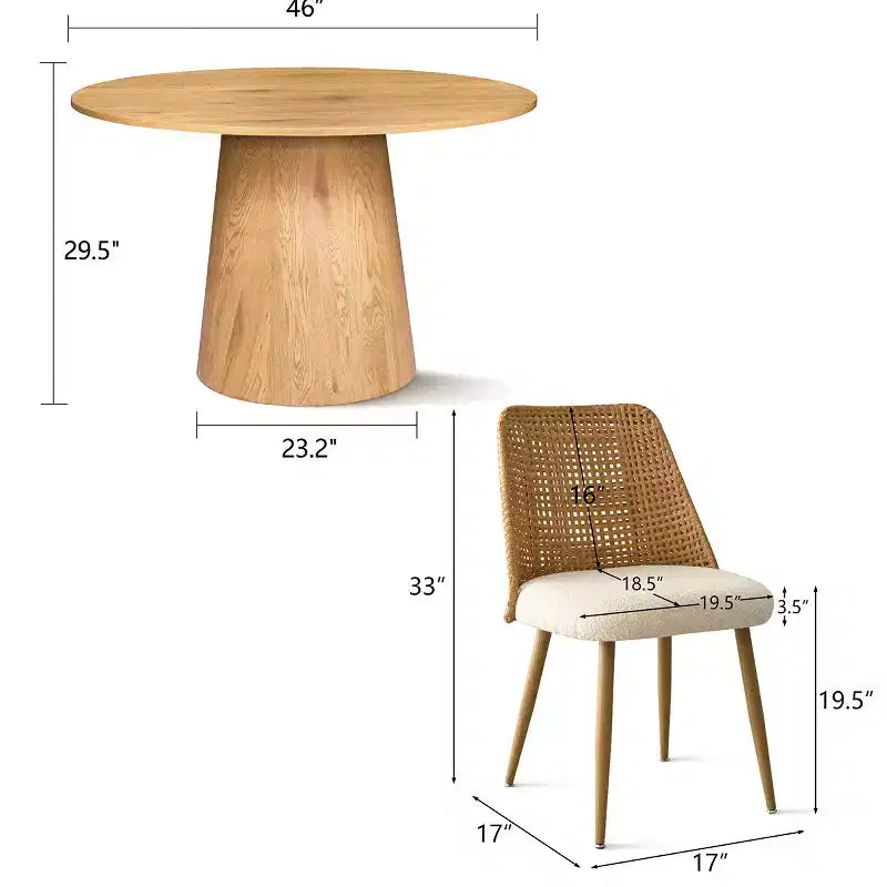 Set da pranzo rotondo da 5 pezzi, tavolo con base a piedistallo da 46" con 4 sedie imbottite in boucle con schienale in rattan, set da pranzo costiero rustico-Panipeachy