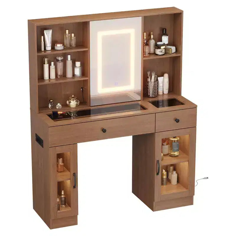 Acekool 41 toeletta bianca con specchio e luci LED regolabili, presa di corrente, 2 cassetti, 4 armadietti in vetro, set da toeletta per camera da letto