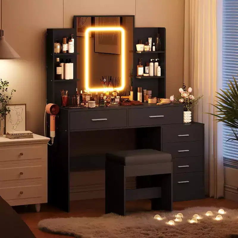 Tavolo da Trucco con Specchio e Luci, Scrivania da Trucco, 3 Modalità Colore, con Presa di Corrente, Tavolo da Trucco Moderno