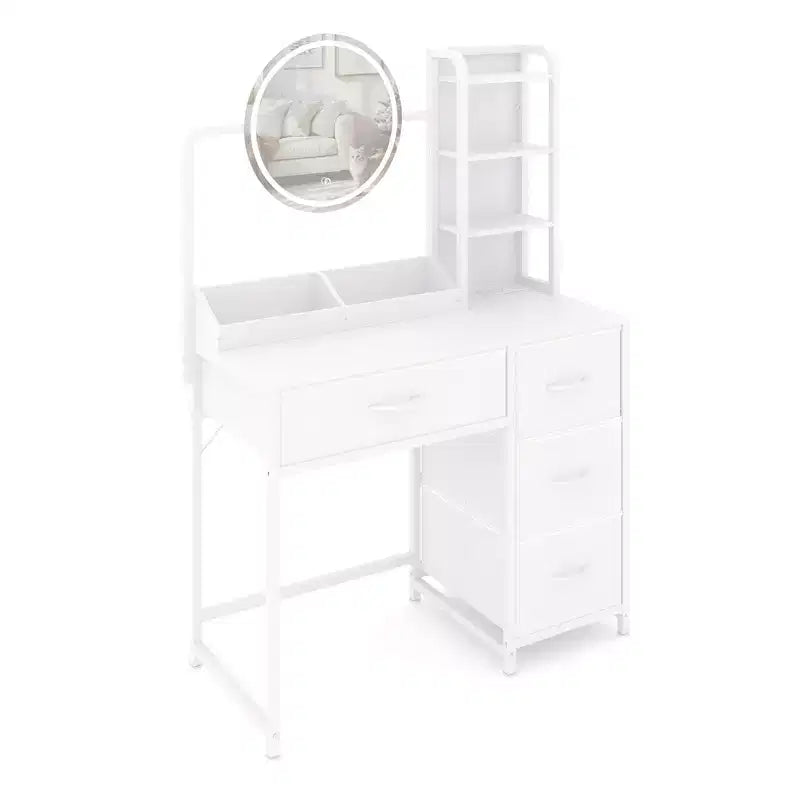 Acekool Piccola Toeletta con Specchio Rotondo Illuminato, Presa di Corrente, 4 Cassetti in Tessuto, 3 Ripiani, Tavolo da Trucco Moderno per Camera da Letto, Dormitorio, Appartamento