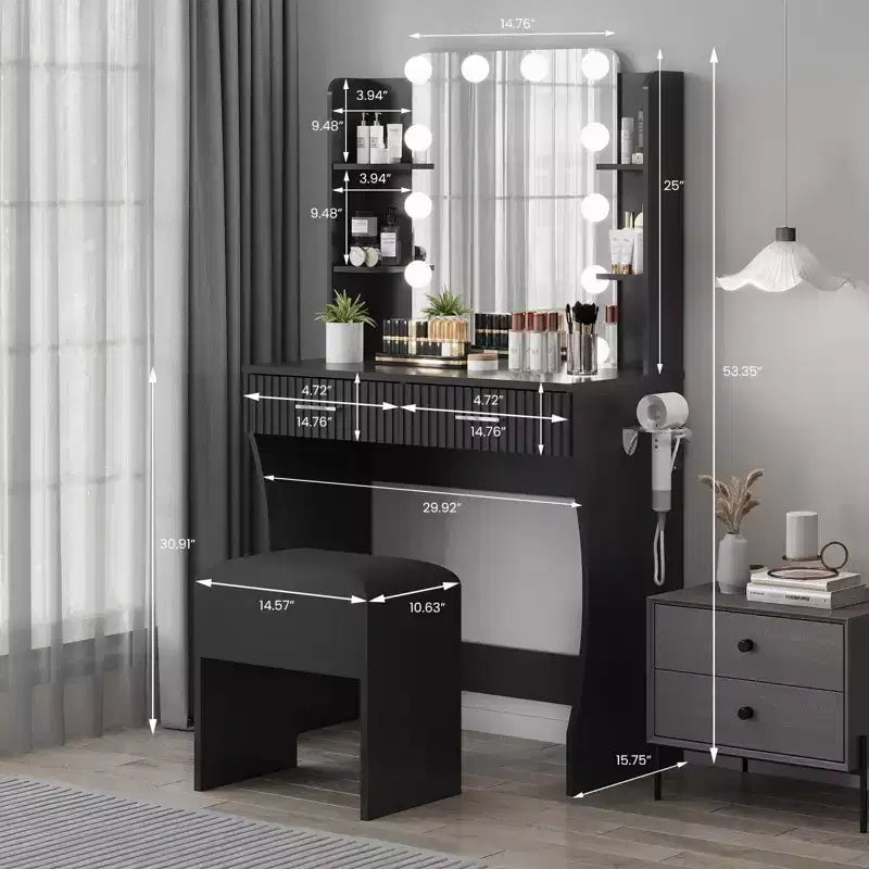 Toeletta con Specchio e Luci, Tavolo da Trucco con 2 Cassetti, 6 Ripiani, Supporto per Asciugacapelli e Sgabello, Mobili per Camera da Letto