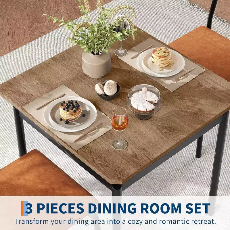 Set da pranzo Acekool 3 pezzi con sedie imbottite in PU marrone, venatura del legno per sala da pranzo compatta