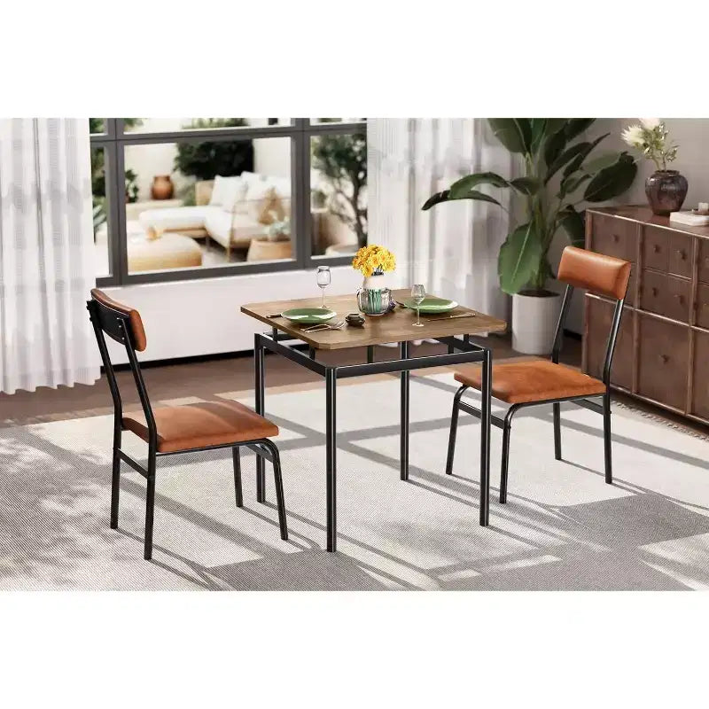 Set da pranzo Acekool 3 pezzi con sedie imbottite in PU marrone, venatura del legno per sala da pranzo compatta