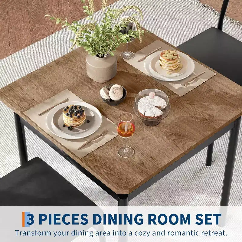 Set da pranzo Acekool 3 pezzi con sedie imbottite in PU marrone, venatura del legno per sala da pranzo compatta