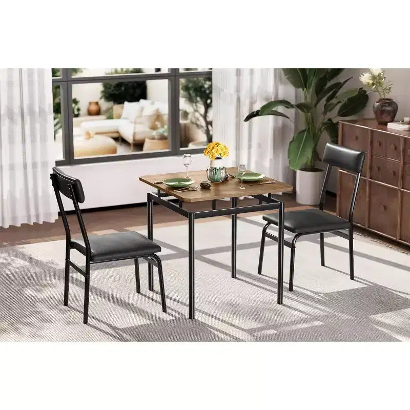 Set da pranzo Acekool 3 pezzi con sedie imbottite in PU marrone, venatura del legno per sala da pranzo compatta