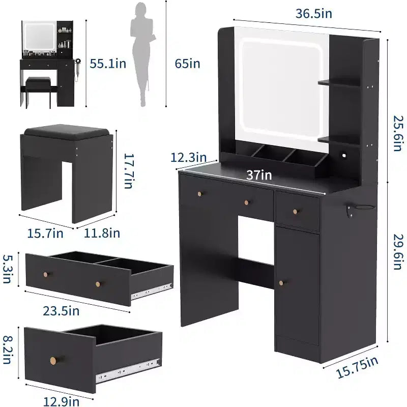 Moderno Tavolino da Trucco con Specchio, Sgabello, Luminosità Regolabile, 4 Cassetti e Ripiani Contenitori, Toeletta per Camera da Letto