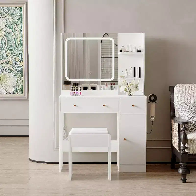 Moderno Tavolino da Trucco con Specchio, Sgabello, Luminosità Regolabile, 4 Cassetti e Ripiani Contenitori, Toeletta per Camera da Letto