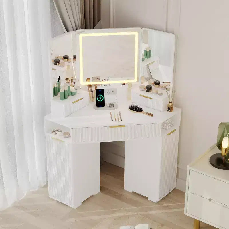 COZONY 53 Scrivania angolare con specchio e luci, Tavolo da trucco scanalato con cassetti, Armadietti e Stazione di ricarica per camera da letto