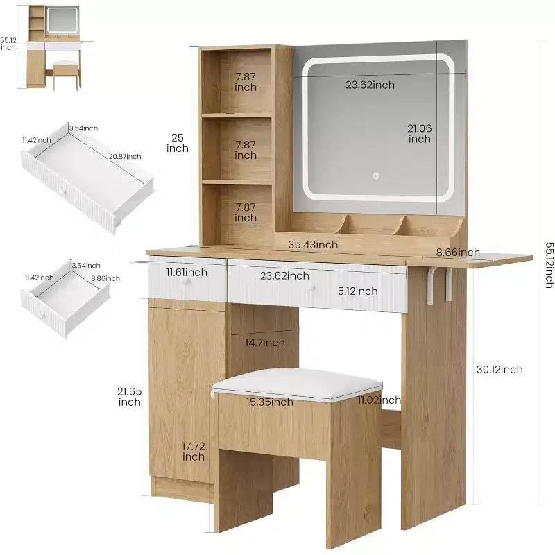 Toeletta con specchio, set tavolo trucco con cassetti, mobiletto, sgabello contenitore, tavolo da trucco salvaspazio per camera da letto