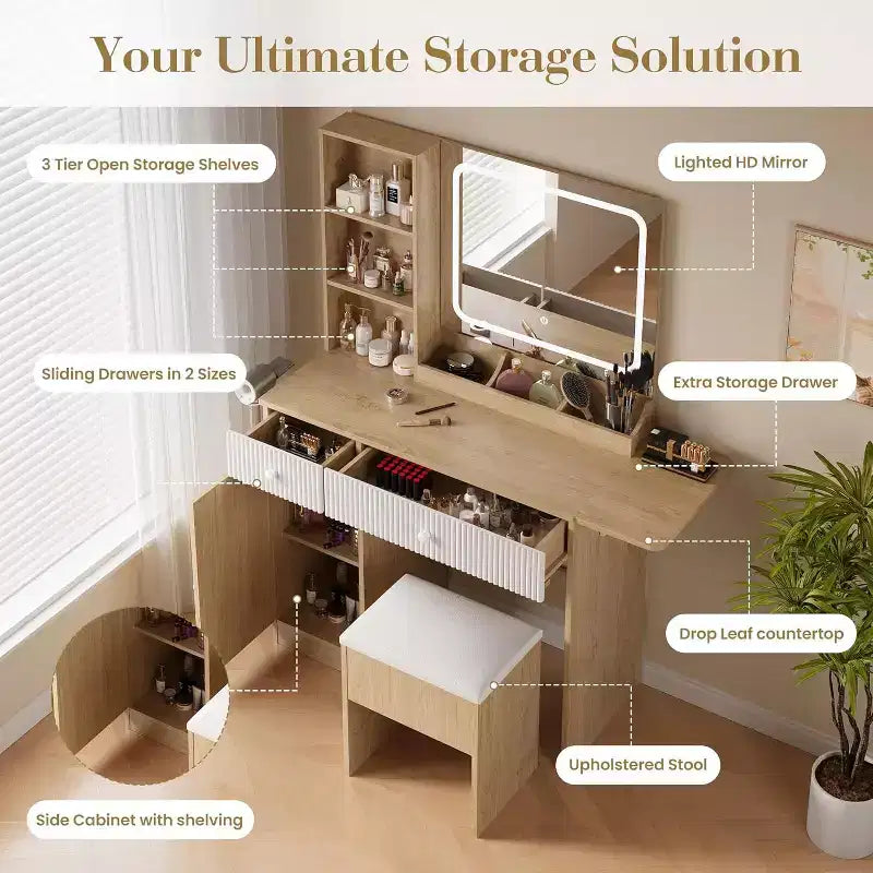 Toeletta con specchio, set tavolo trucco con cassetti, mobiletto, sgabello contenitore, tavolo da trucco salvaspazio per camera da letto