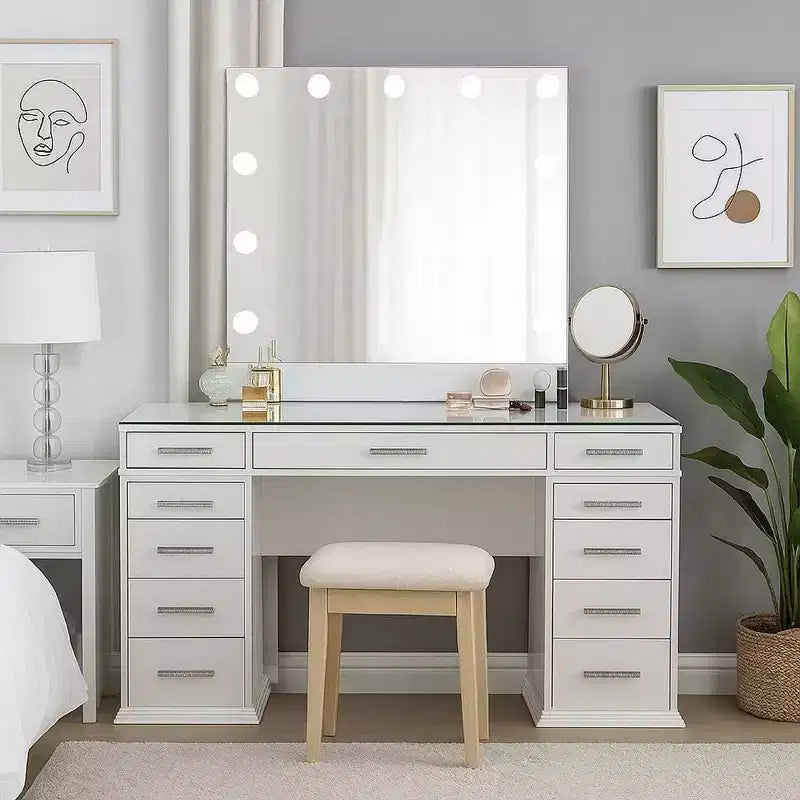Royal Hamton 3pc LED Mirror Vanity Table Set, Glass Top, Padded Stool, White