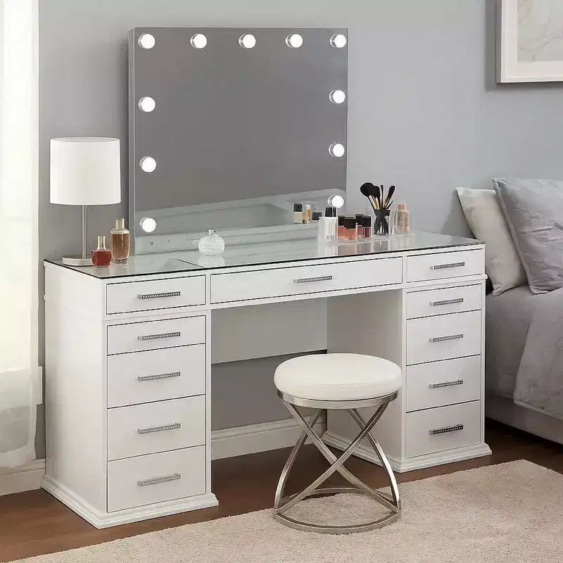 Set di toeletta Royal Hampton 3 pezzi con specchio a LED, ripiano in vetro, sgabello imbottito, bianco