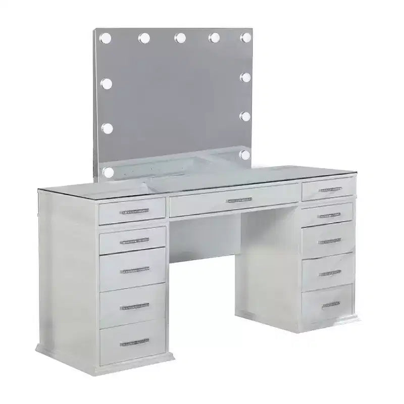 Set di toeletta Royal Hampton 3 pezzi con specchio a LED, ripiano in vetro, sgabello imbottito, bianco