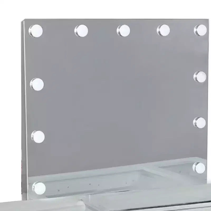 Set di toeletta Royal Hampton 3 pezzi con specchio a LED, ripiano in vetro, sgabello imbottito, bianco