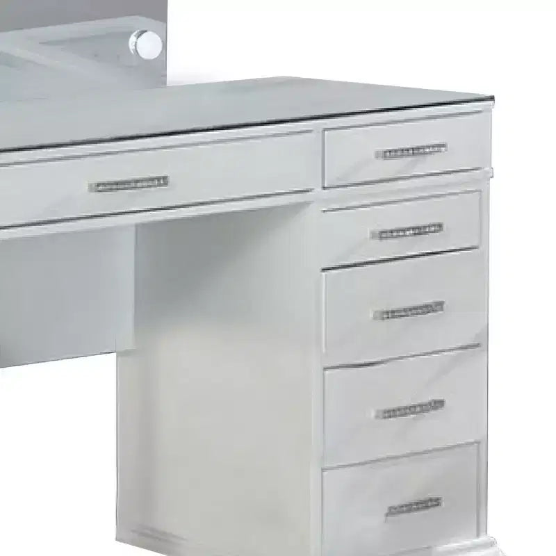 Set di toeletta Royal Hampton 3 pezzi con specchio a LED, ripiano in vetro, sgabello imbottito, bianco