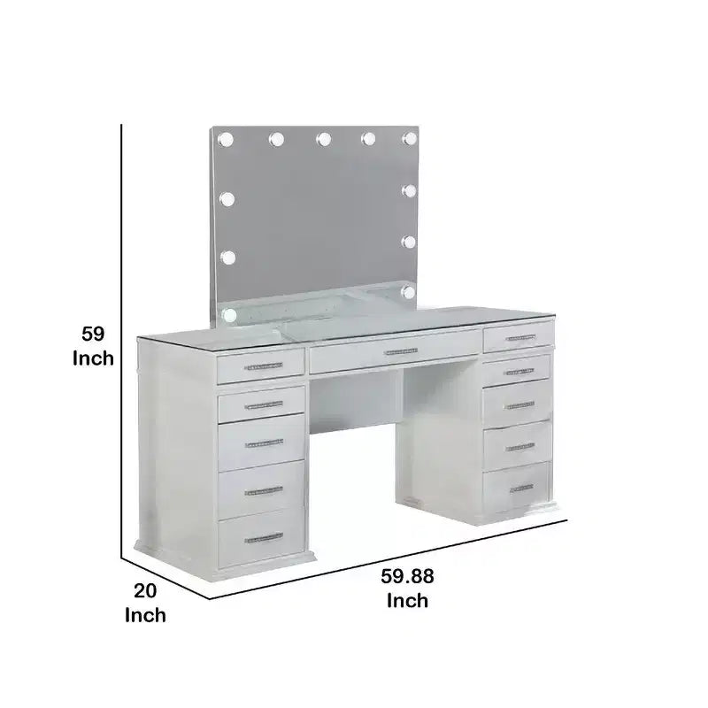 Set di toeletta Royal Hampton 3 pezzi con specchio a LED, ripiano in vetro, sgabello imbottito, bianco