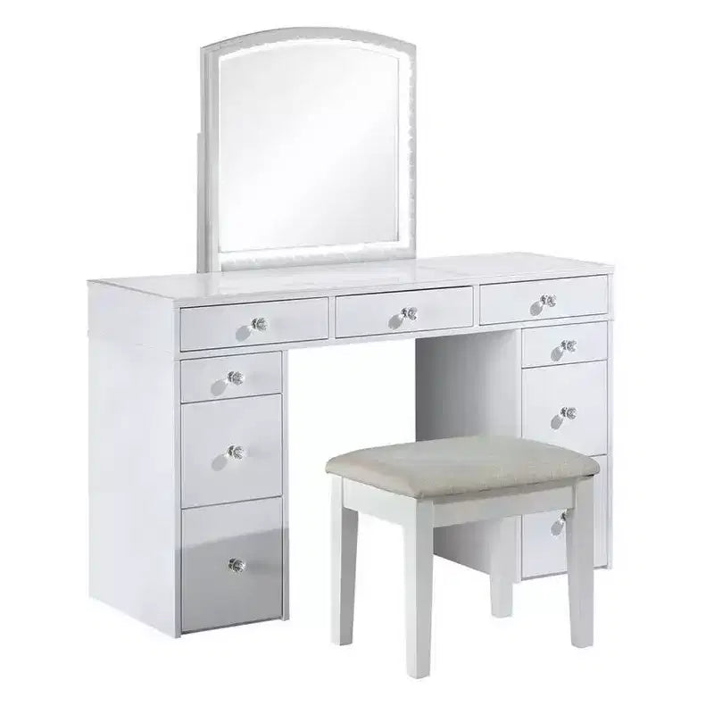 Royal Hampton Set Toeletta 3 Pezzi Bianco Con Specchio Led E Sgabello Imbottito Beige