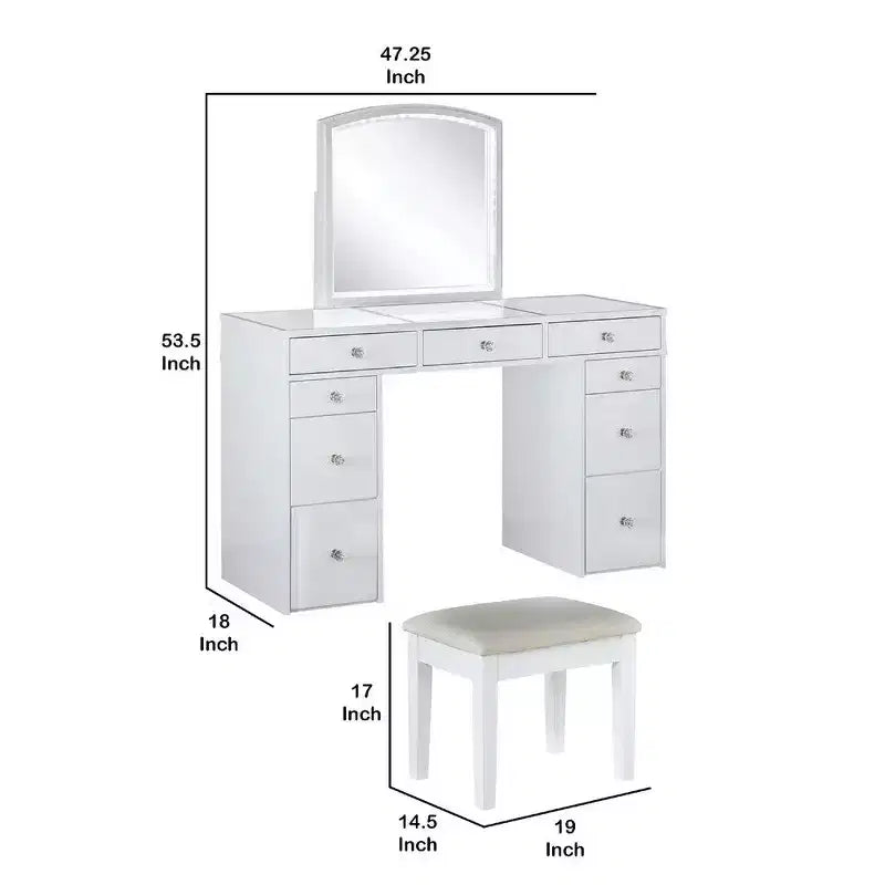 Royal Hampton Set Toeletta 3 Pezzi Bianco Con Specchio Led E Sgabello Imbottito Beige