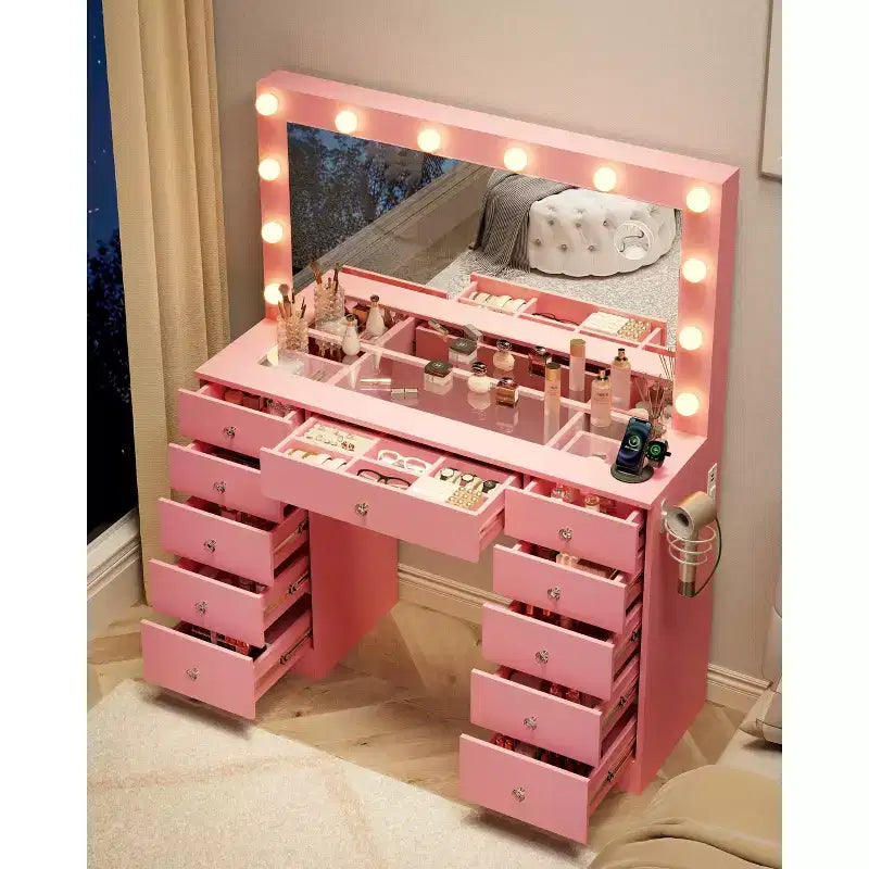 Tocador con piano in vetro, toeletta con 11 cassetti con specchio e 12 luci LED, scrivania da trucco con 3 modalità di illuminazione a luminosità regolabile