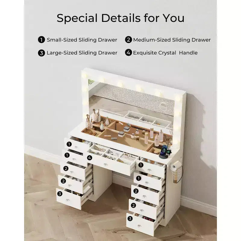 Tocador con piano in vetro, toeletta con 11 cassetti con specchio e 12 luci LED, scrivania da trucco con 3 modalità di illuminazione a luminosità regolabile