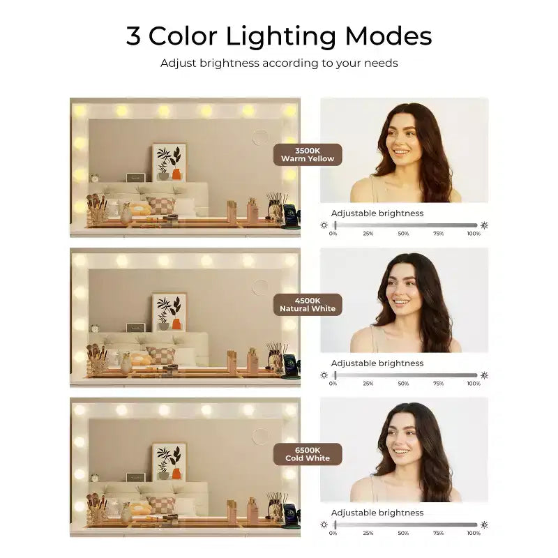 Tocador con piano in vetro, toeletta con 11 cassetti con specchio e 12 luci LED, scrivania da trucco con 3 modalità di illuminazione a luminosità regolabile