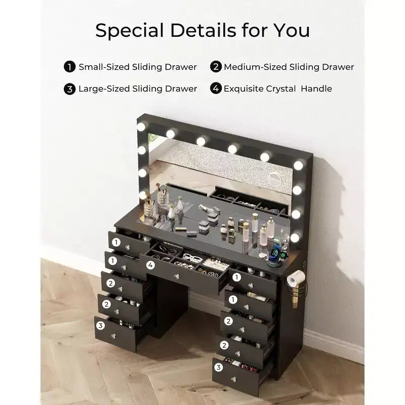 Tocador con piano in vetro, toeletta con 11 cassetti con specchio e 12 luci LED, scrivania da trucco con 3 modalità di illuminazione a luminosità regolabile