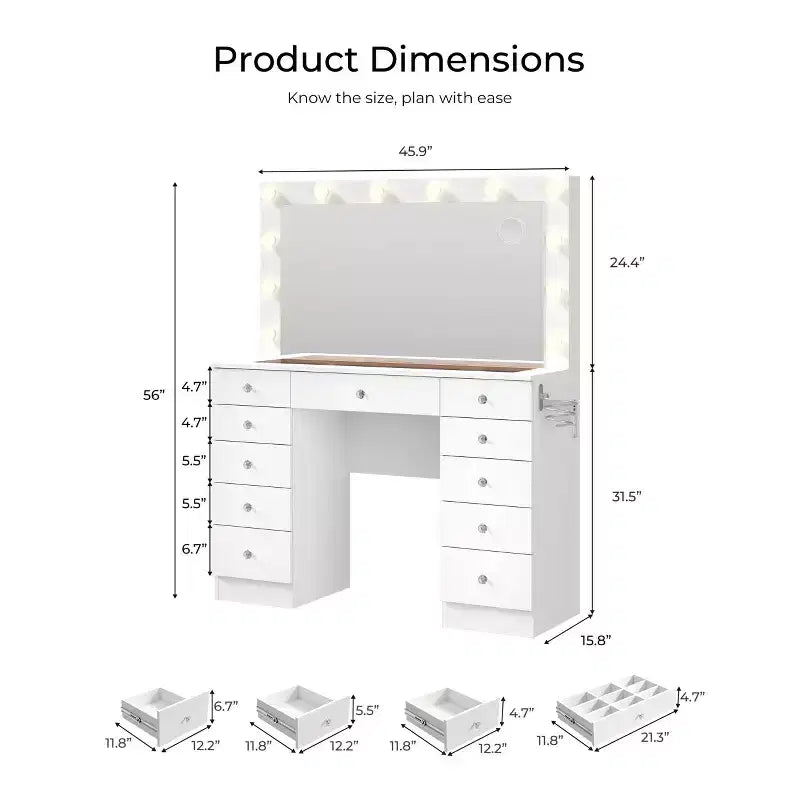 Tocador con piano in vetro, toeletta con 11 cassetti con specchio e 12 luci LED, scrivania da trucco con 3 modalità di illuminazione a luminosità regolabile
