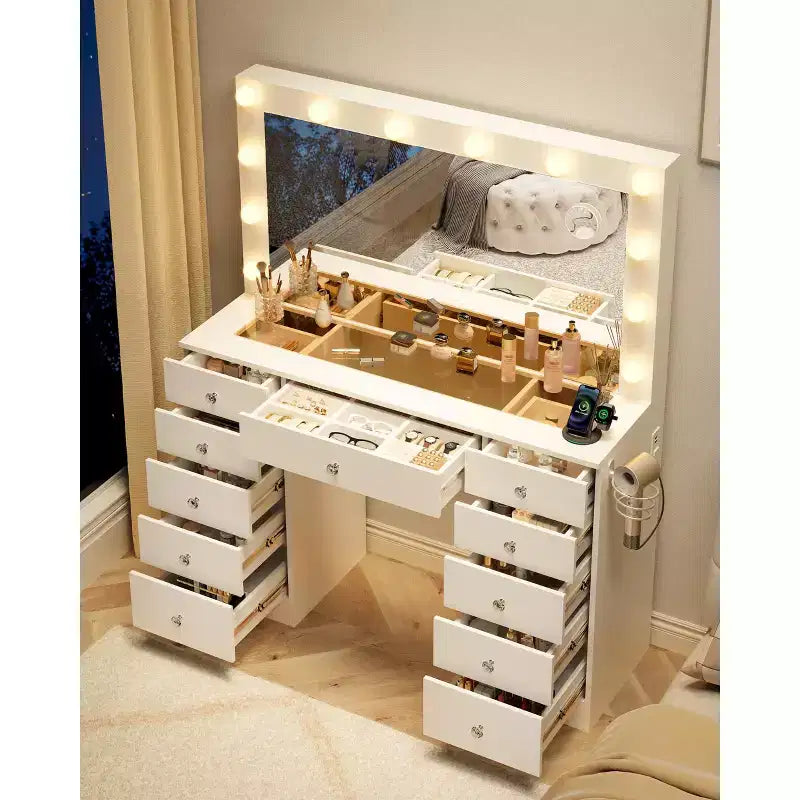 Tocador con piano in vetro, toeletta con 11 cassetti con specchio e 12 luci LED, scrivania da trucco con 3 modalità di illuminazione a luminosità regolabile