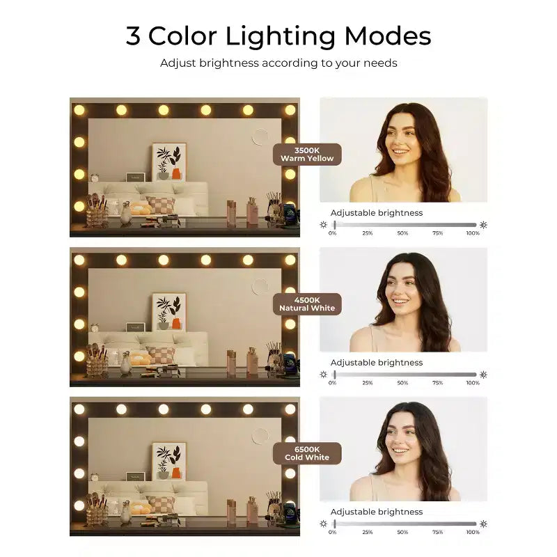 Tocador con piano in vetro, toeletta con 11 cassetti con specchio e 12 luci LED, scrivania da trucco con 3 modalità di illuminazione a luminosità regolabile