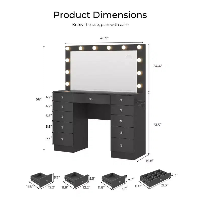 Tocador con piano in vetro, toeletta con 11 cassetti con specchio e 12 luci LED, scrivania da trucco con 3 modalità di illuminazione a luminosità regolabile