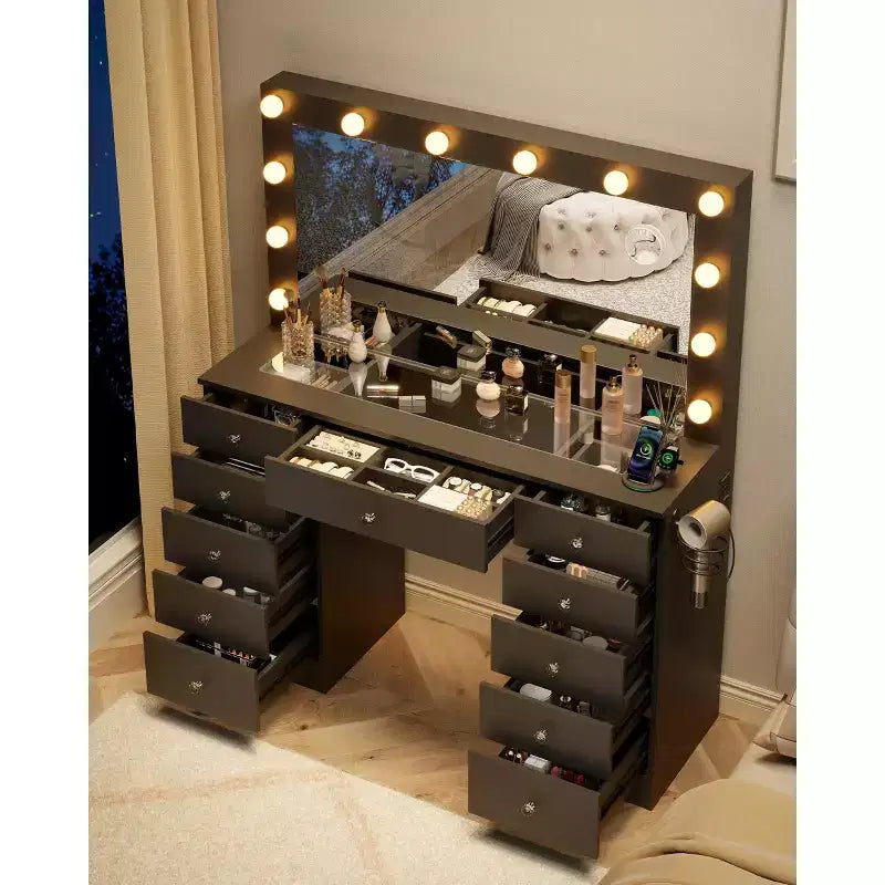 Tocador con piano in vetro, toeletta con 11 cassetti con specchio e 12 luci LED, scrivania da trucco con 3 modalità di illuminazione a luminosità regolabile