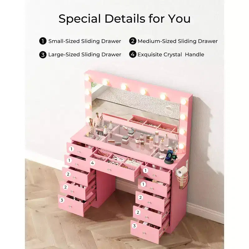 Tocador con piano in vetro, toeletta con 11 cassetti con specchio e 12 luci LED, scrivania da trucco con 3 modalità di illuminazione a luminosità regolabile