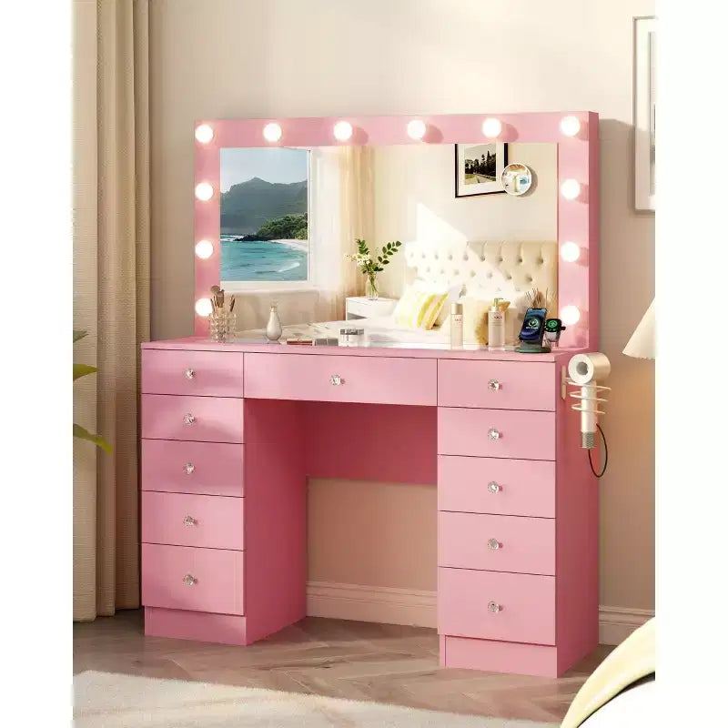 Tocador con piano in vetro, toeletta con 11 cassetti con specchio e 12 luci LED, scrivania da trucco con 3 modalità di illuminazione a luminosità regolabile