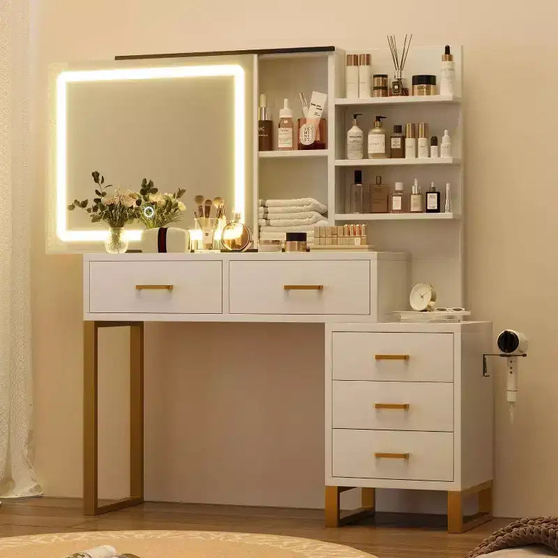 Toeletta Trucco con Specchio Scorrevole e Luci, Grande Tavolo da Trucco con Stazione di Ricarica, 3 Modalità di Illuminazione, 5 Cassetti e 3 Ripiani aperti