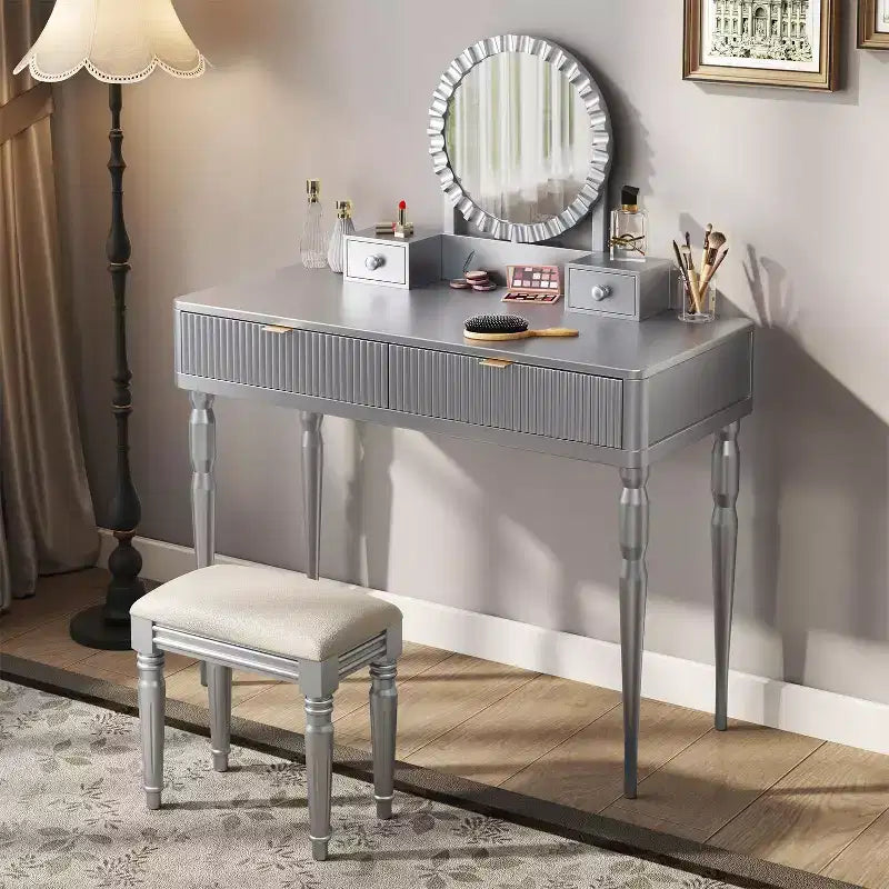 GDFStudio Cara Scrivania da toeletta retrò con specchio rotondo regolabile in altezza, sgabello in similpelle e 4 cassetti