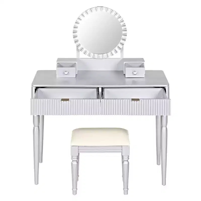 GDFStudio Cara Scrivania da toeletta retrò con specchio rotondo regolabile in altezza, sgabello in similpelle e 4 cassetti