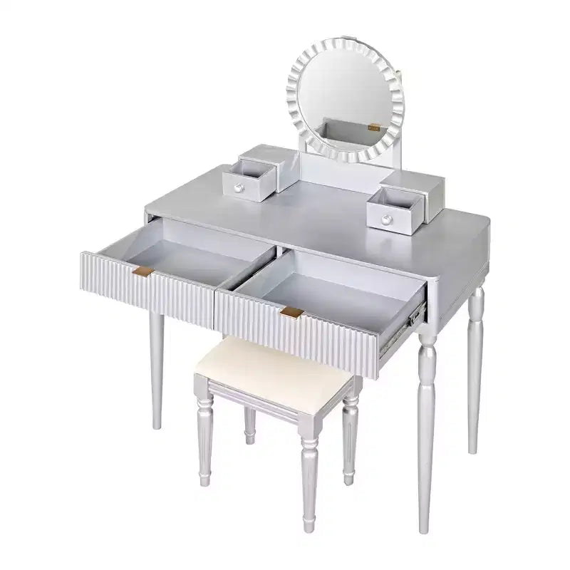 GDFStudio Cara Scrivania da toeletta retrò con specchio rotondo regolabile in altezza, sgabello in similpelle e 4 cassetti