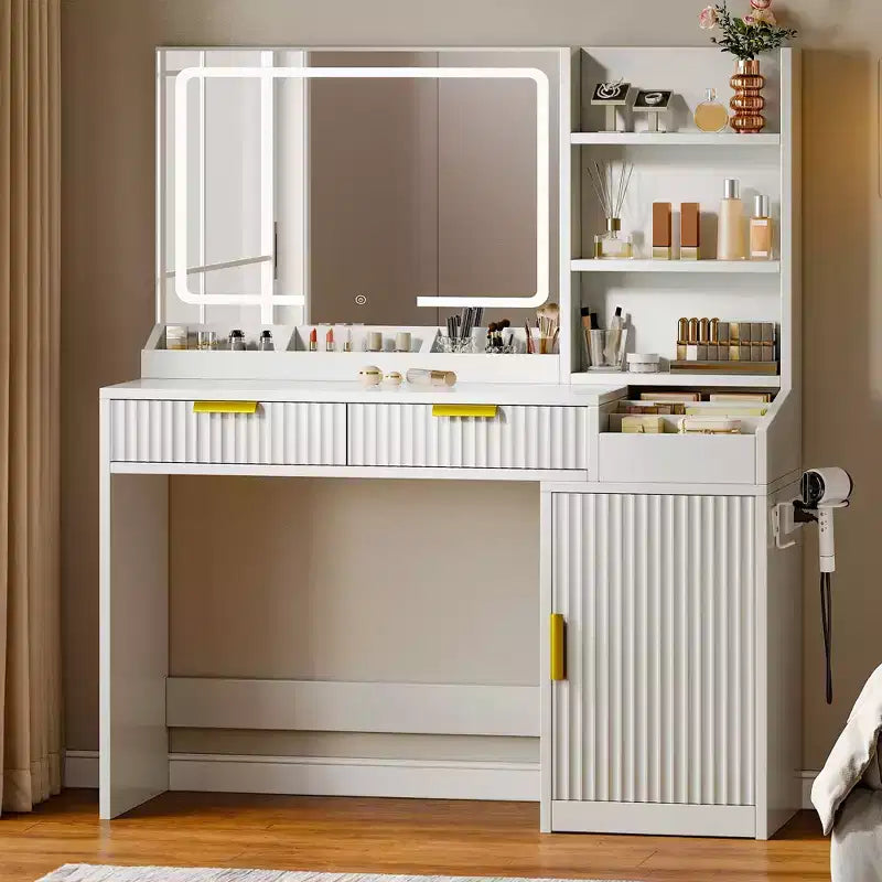 Toeletta Balconera con Grande Specchio Illuminato Tavolo da Trucco Scaffali 2 Cassetti 3 Modalità di Illuminazione Luminosità Regolabile
