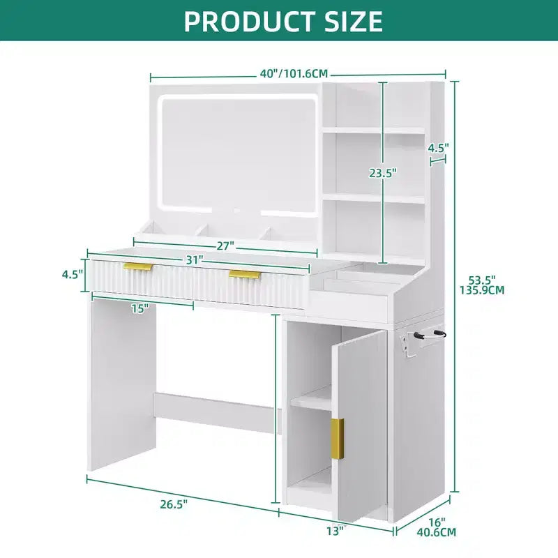 Toeletta Balconera con Grande Specchio Illuminato Tavolo da Trucco Scaffali 2 Cassetti 3 Modalità di Illuminazione Luminosità Regolabile