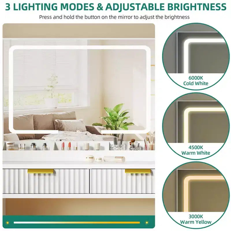 Toeletta Balconera con Grande Specchio Illuminato Tavolo da Trucco Scaffali 2 Cassetti 3 Modalità di Illuminazione Luminosità Regolabile