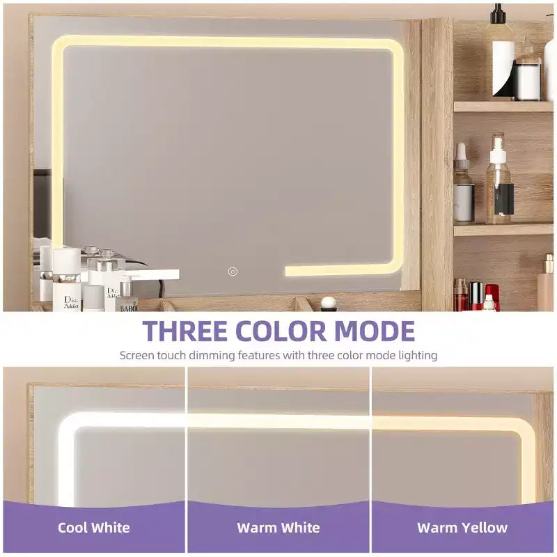 Toeletta Balconera con Grande Specchio Illuminato Tavolo da Trucco Scaffali 2 Cassetti 3 Modalità di Illuminazione Luminosità Regolabile