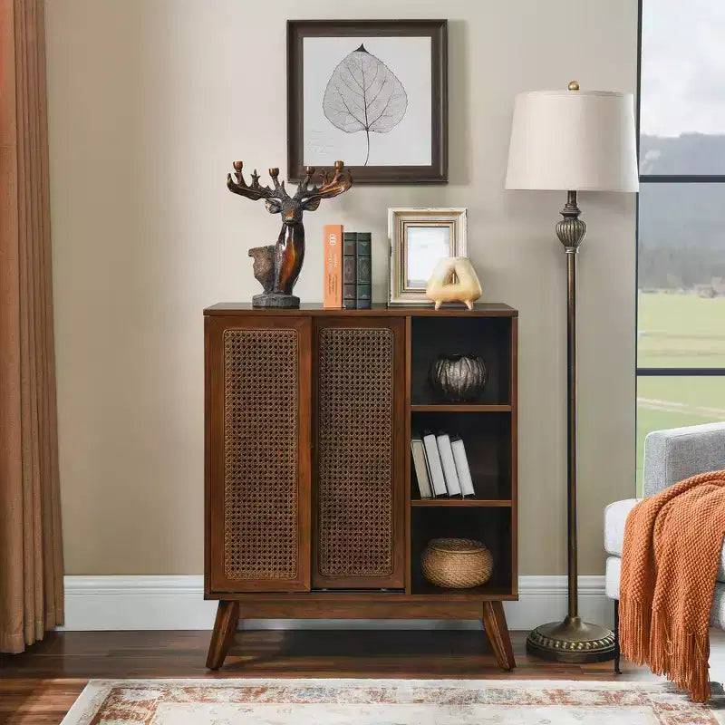 Medieval-inspired modern rattan sideboard with adjustable shelves and solid wood base, ideal for entryways or kitchens. Available in dark wood