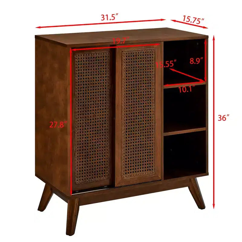 Medieval-inspired modern rattan sideboard with adjustable shelves and solid wood base, ideal for entryways or kitchens. Available in dark wood