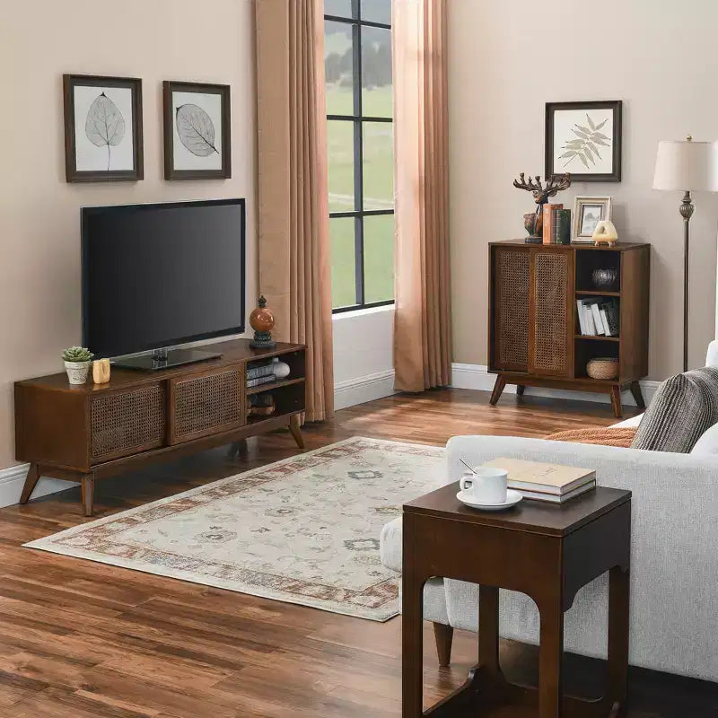 Medieval-inspired modern rattan sideboard with adjustable shelves and solid wood base, ideal for entryways or kitchens. Available in dark wood