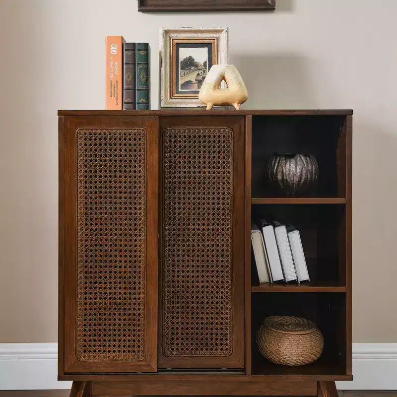 Medieval-inspired modern rattan sideboard with adjustable shelves and solid wood base, ideal for entryways or kitchens. Available in dark wood