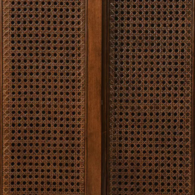 Medieval-inspired modern rattan sideboard with adjustable shelves and solid wood base, ideal for entryways or kitchens. Available in dark wood