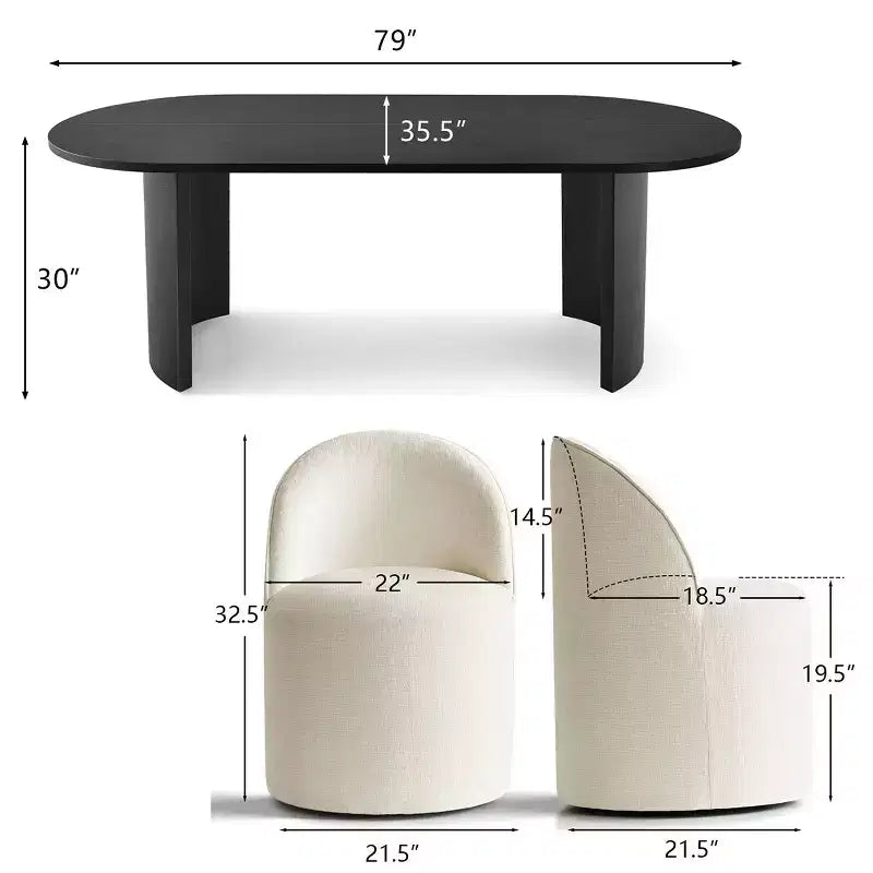 Set da Pranzo 7 Pezzi per Cucina, Tavolo Ovale Nero e Sedie a Botte in Ciniglia, Mobili Moderni per Sala da Pranzo - Panipeachy