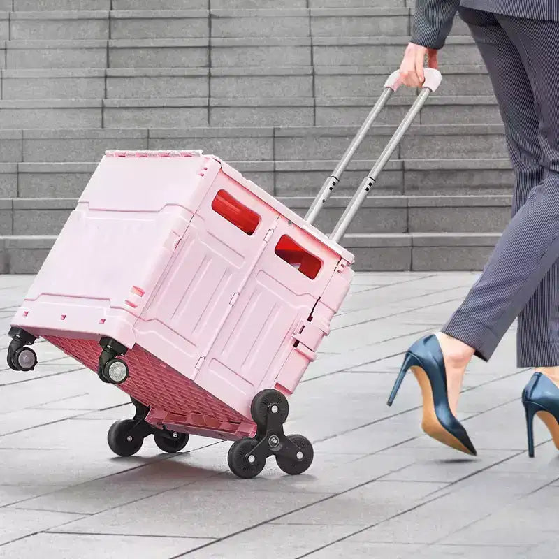 Carrello pieghevole multiuso da 65 litri con ruote per salire le scale e ruote girevoli a 360 gradi, cassa arrotolabile pieghevole per la spesa, l'ufficio e i traslochi, rosa