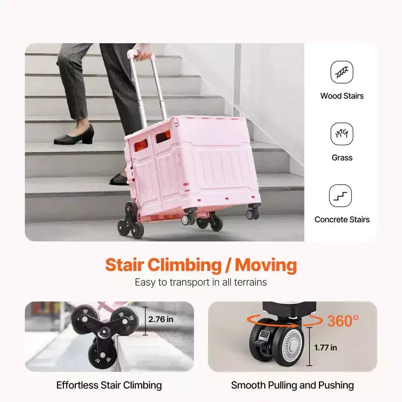 65L Foldable Utility Cart with Stair Climbing and 360 Degree Swivel Wheels, Collapsible Rolling Crate for Shopping, Office and Moving, Pink