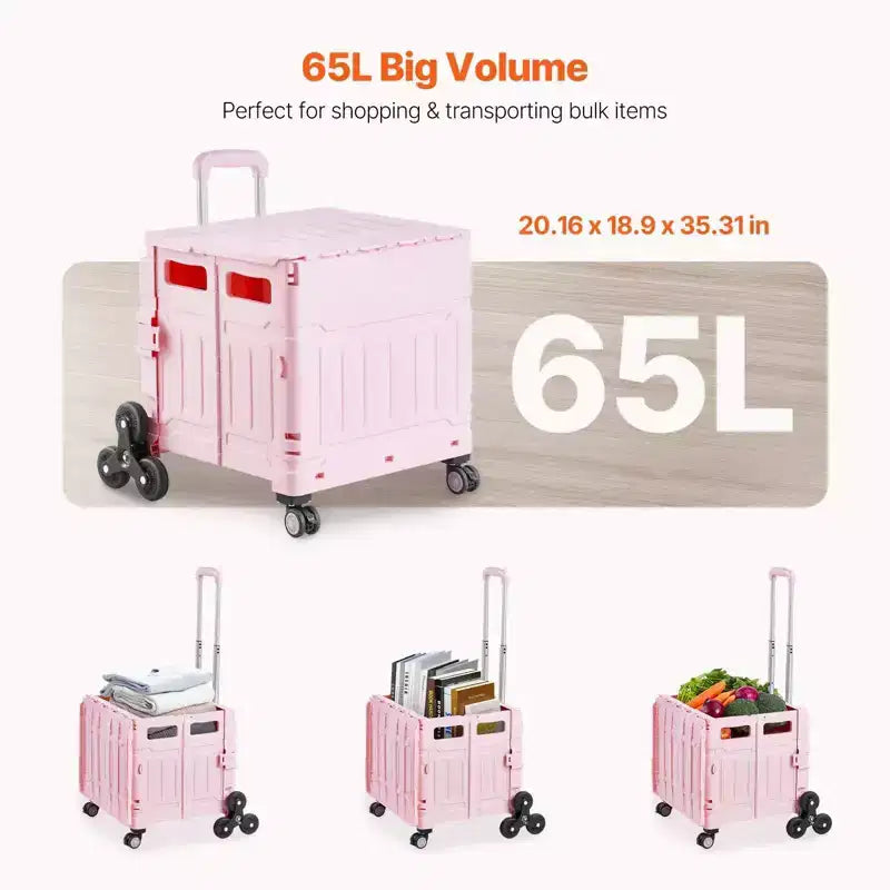 Carrello pieghevole multiuso da 65 litri con ruote per salire le scale e ruote girevoli a 360 gradi, cassa arrotolabile pieghevole per la spesa, l'ufficio e i traslochi, rosa